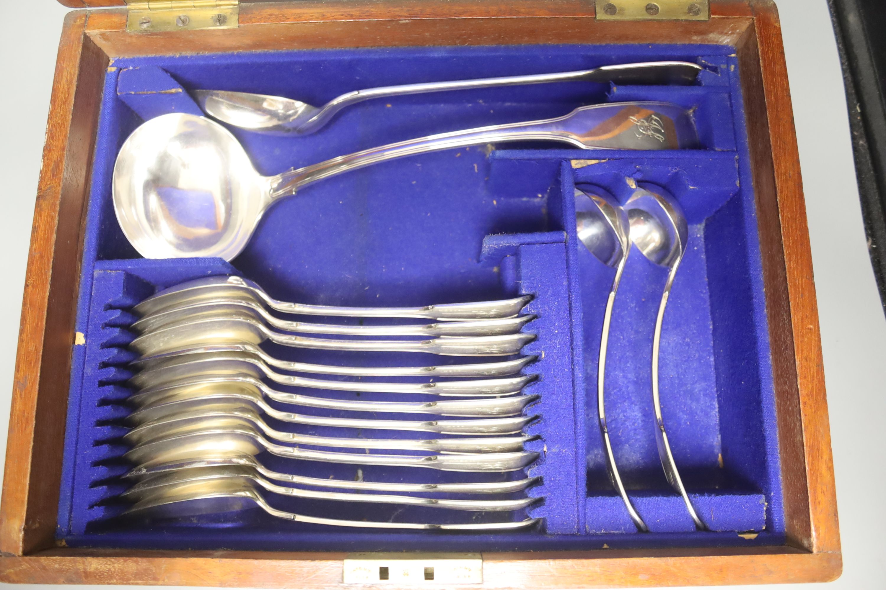 A Victorian silver plate canteen of fiddle and thread pattern flatware for twelve, mahogany cased